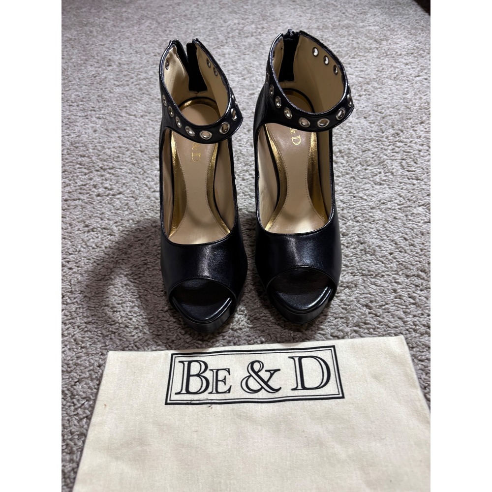 Be & D Black Leather Grommet Ankle Strap Peep Toe Platform Pumps Heels Italy 37